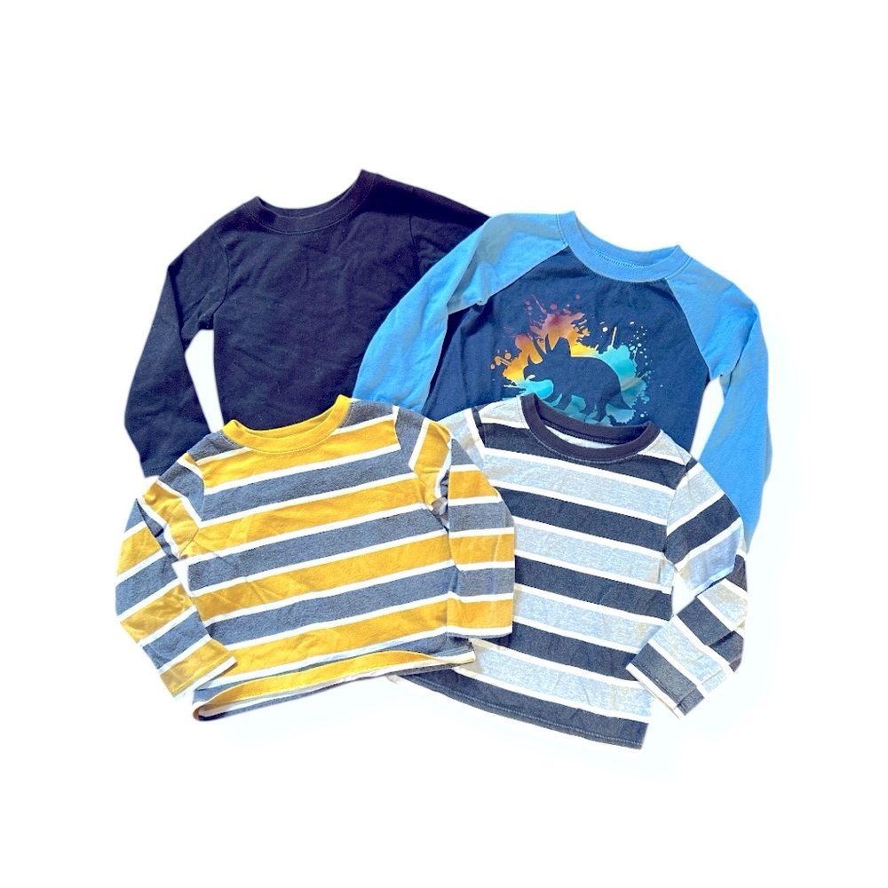 (4PK) Garanimals Blue Dinosaur / Black / Striped Long Sleeve Tees